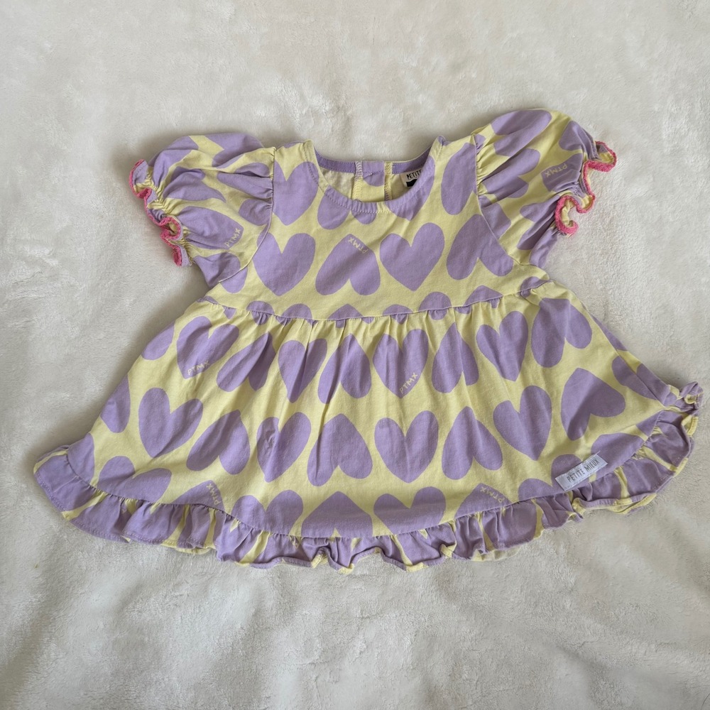 Petite‎ Mieux Girls Heart Print Dress Sz 3T Yellow Lavender Puff Sleeve
